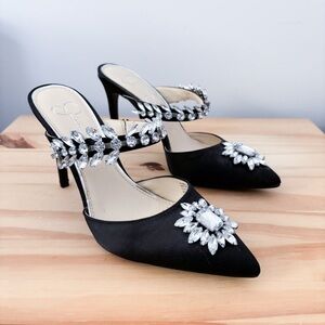 Jessica Simpson Havella black satin rhinestone heels